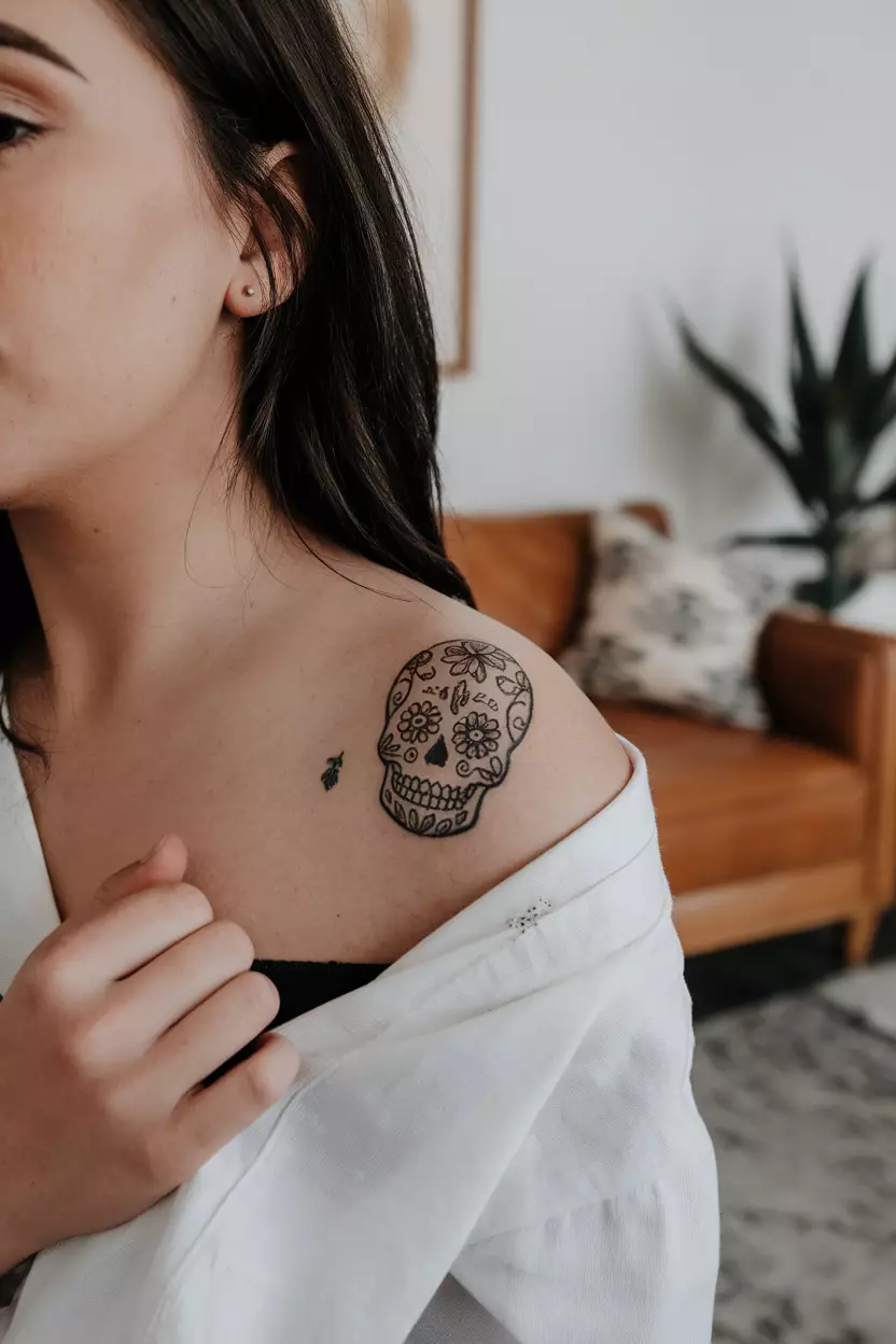 Tiny Sugar Skull A close-up photo of a woman showing her tiny sugar skull tattoo with minimal details, tattoo design, living room background