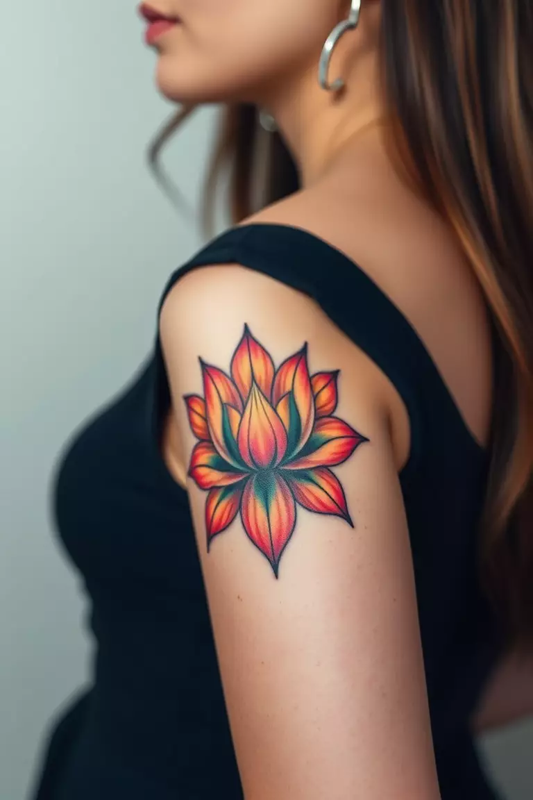 A close-up photo of a woman showing her colorful lotus flower arm tattoo design.  