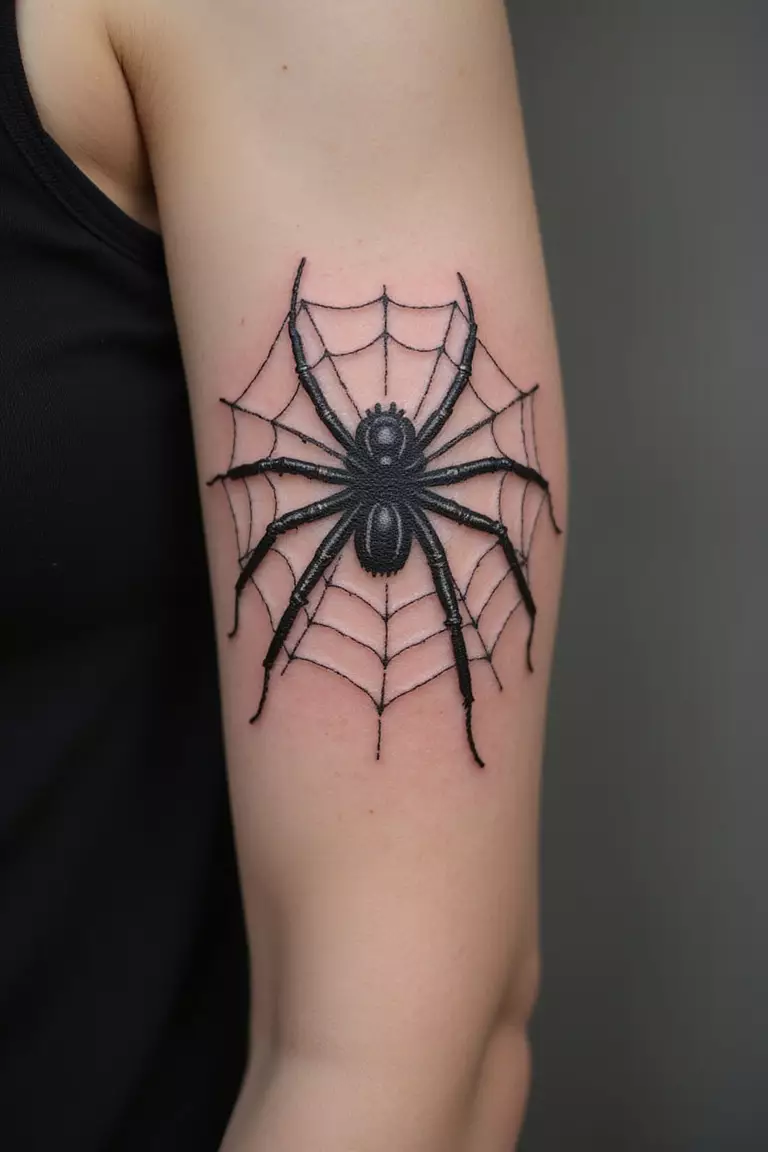 A close up shot of woman's arm with a black ink tattoo of a spider web.