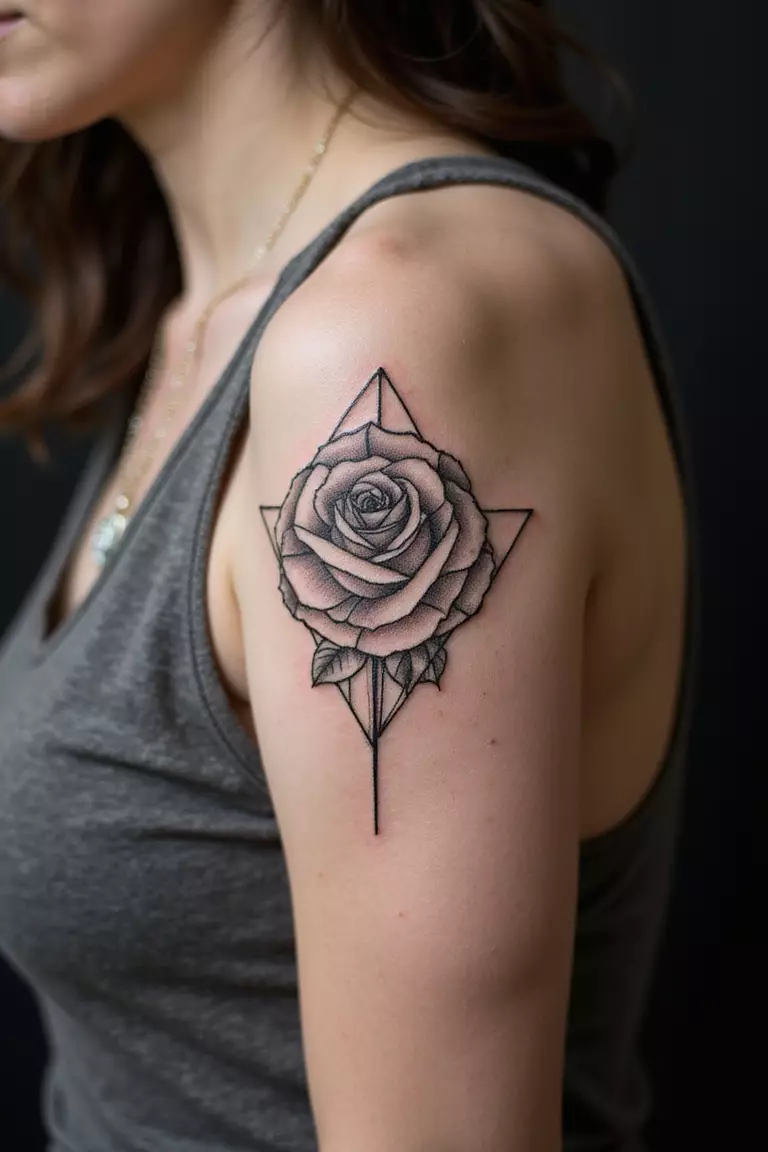A close-up shot of a woman showing her black ink geometric rose tattoo with straight lines and shapes on her arm.