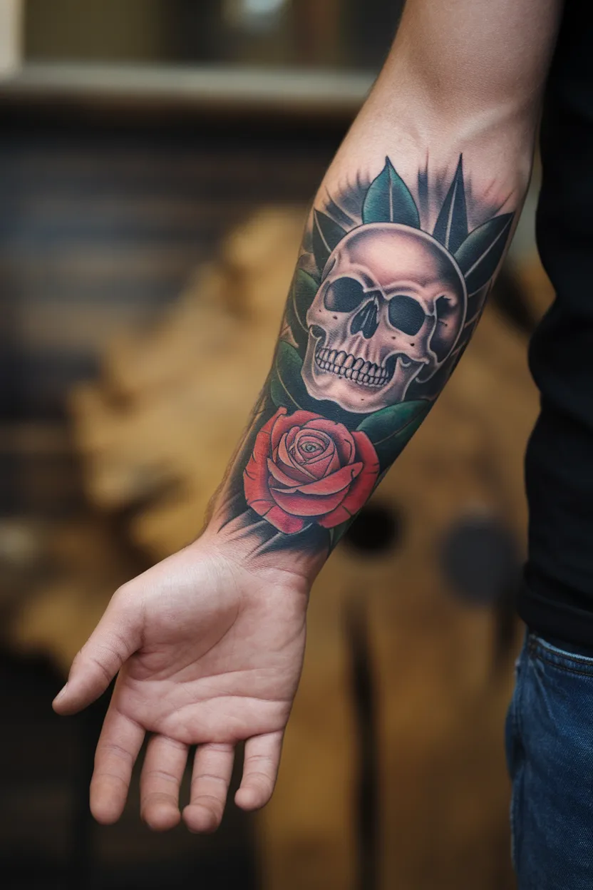 Neo-Traditional Skull and Rose Hand Tattoo