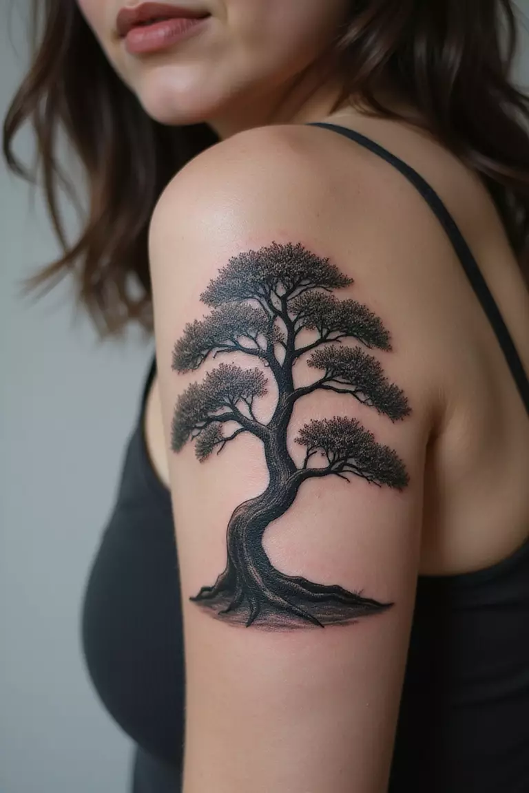 A close-up shot of a woman showing her black ink windswept style bonsai tree tattoo design on her arm, leaning heavily to one side