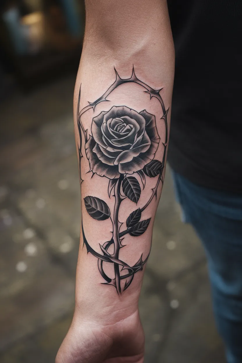 Forearm Tattoo of Black Rose With Whip Shading
