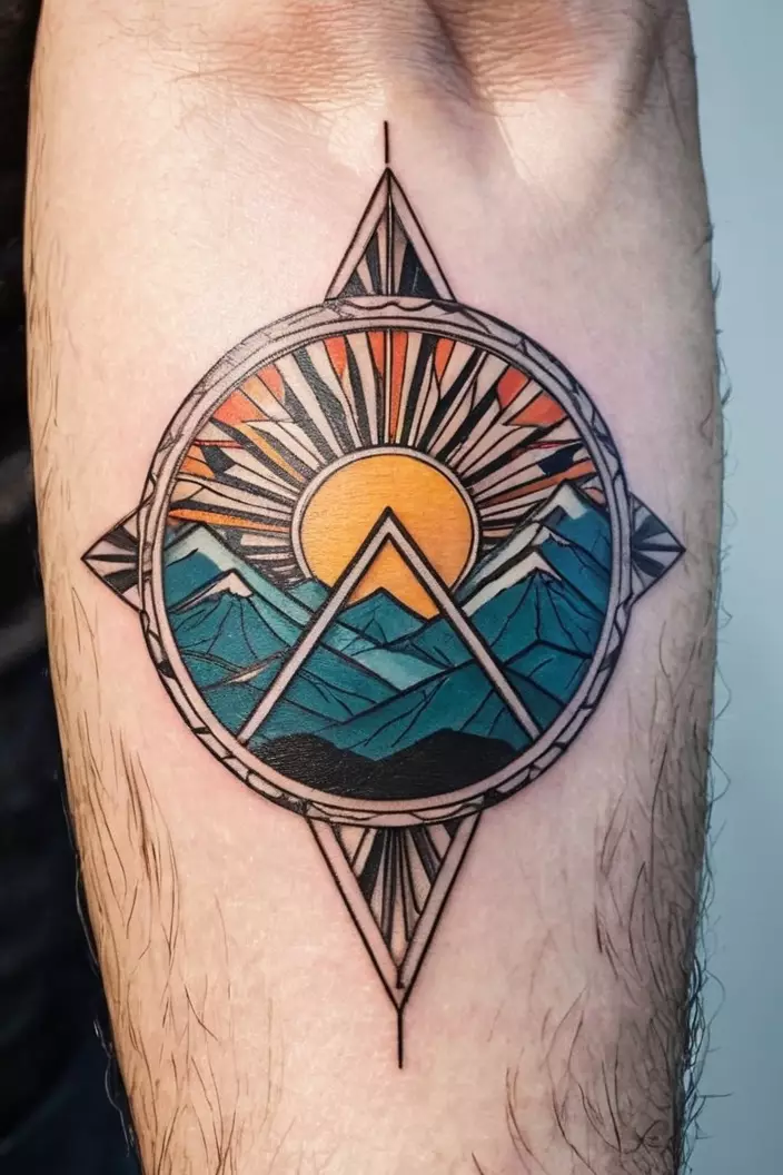 A close-up photo of a man showing his geometric sun and mountain outline tattoo, depicting a simple yet striking design of mountains and sun using geometric lines.  
