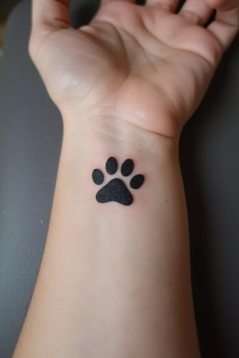 A close-up shot of a woman's arm with a black ink tattoo of a single, realistic-looking dog paw print.