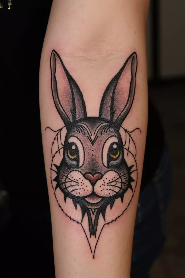 A close up shot of woman's arm with a black ink bunny face with tribal patterns tattoo  