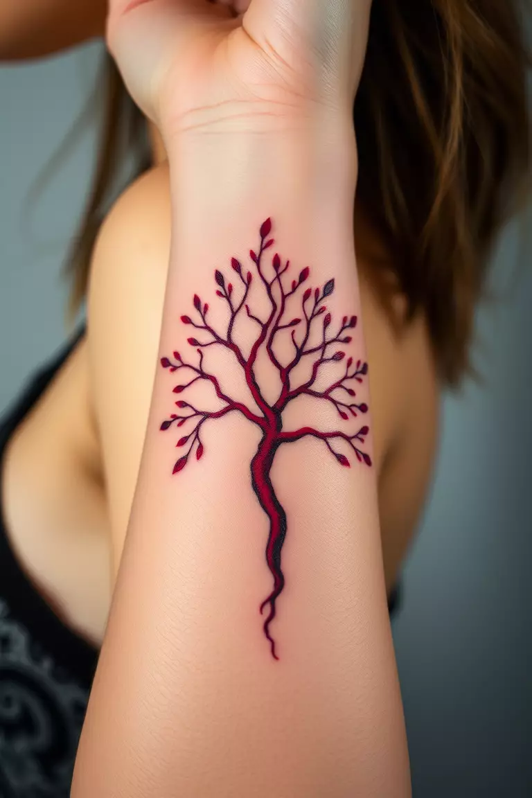 A photo of a woman with a striking red poison tree tattoo on her wrist, contrasting beautifully with her skin.  