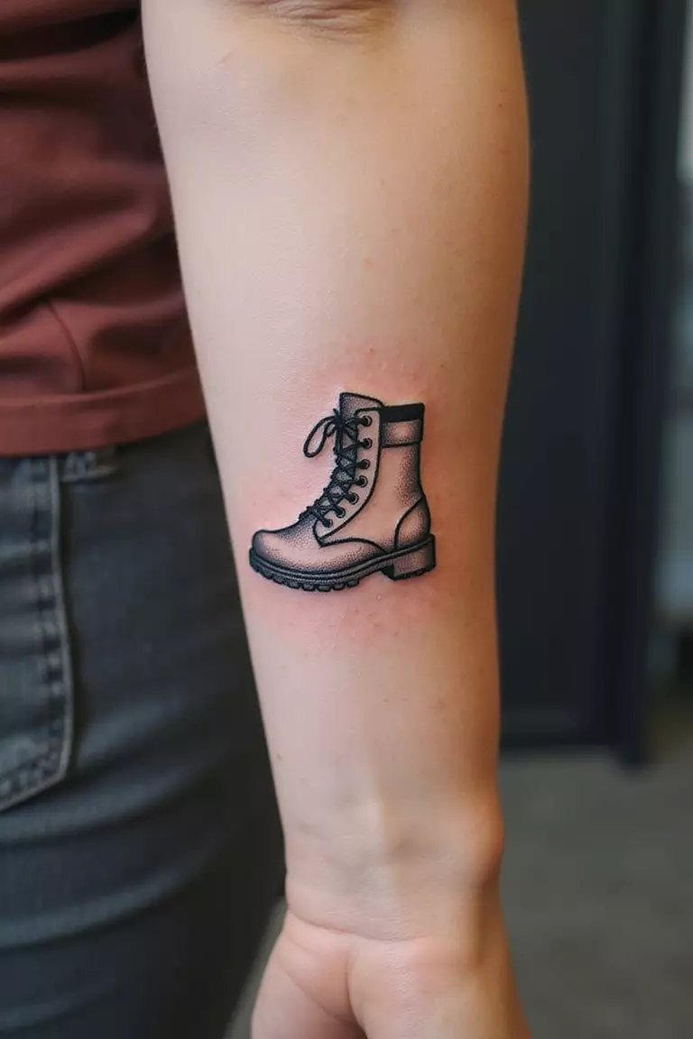 A close-up shot of a woman showing her black ink classic hiking boot outline tattoo design on her arm