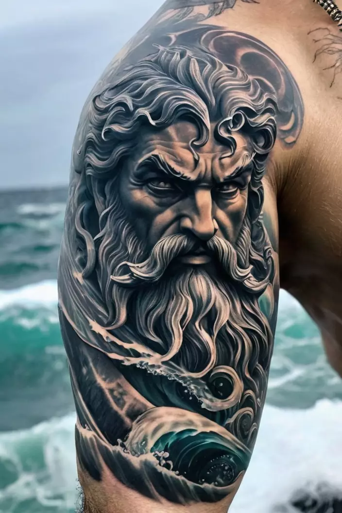 A photo of a man with a mythical Poseidon half-sleeve tattoo, displaying a dramatic portrayal of the sea god among waves.  