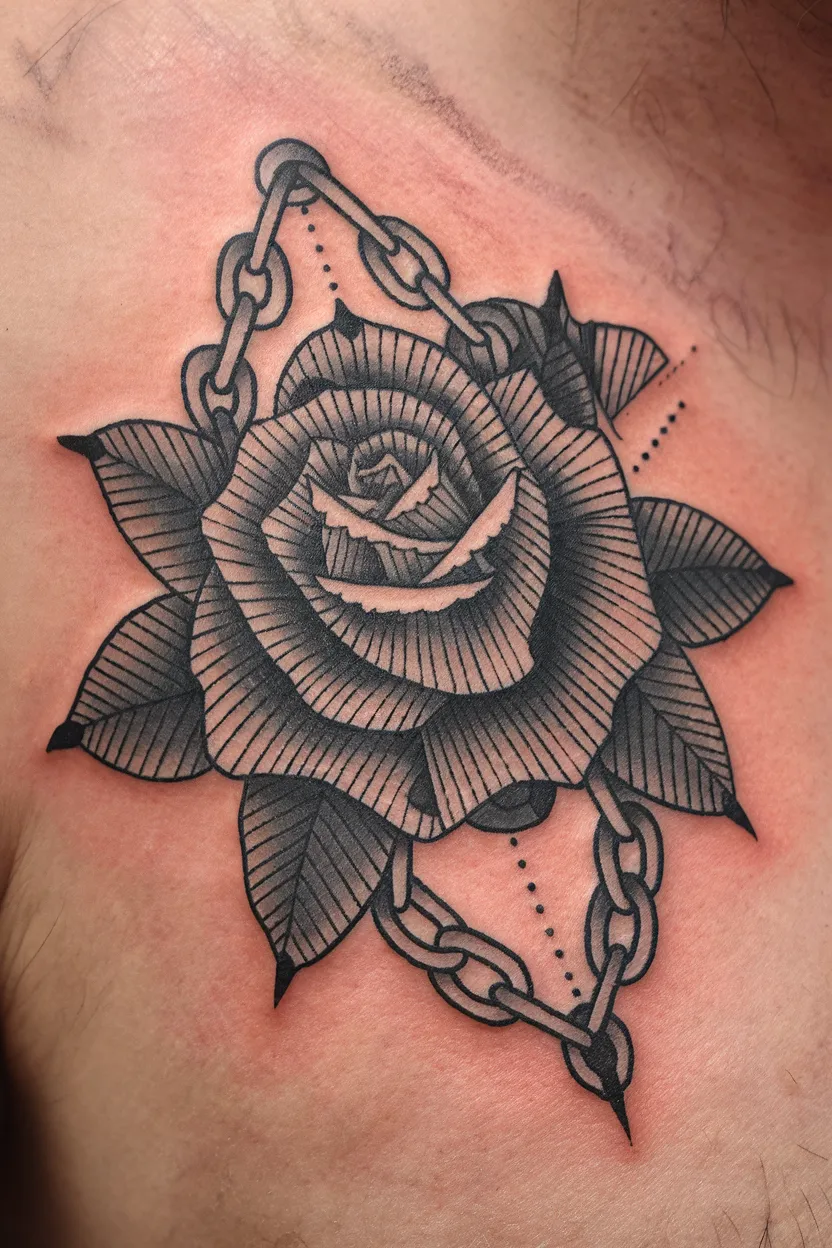 Old School Blackwork Tattoo of Rose With Chains