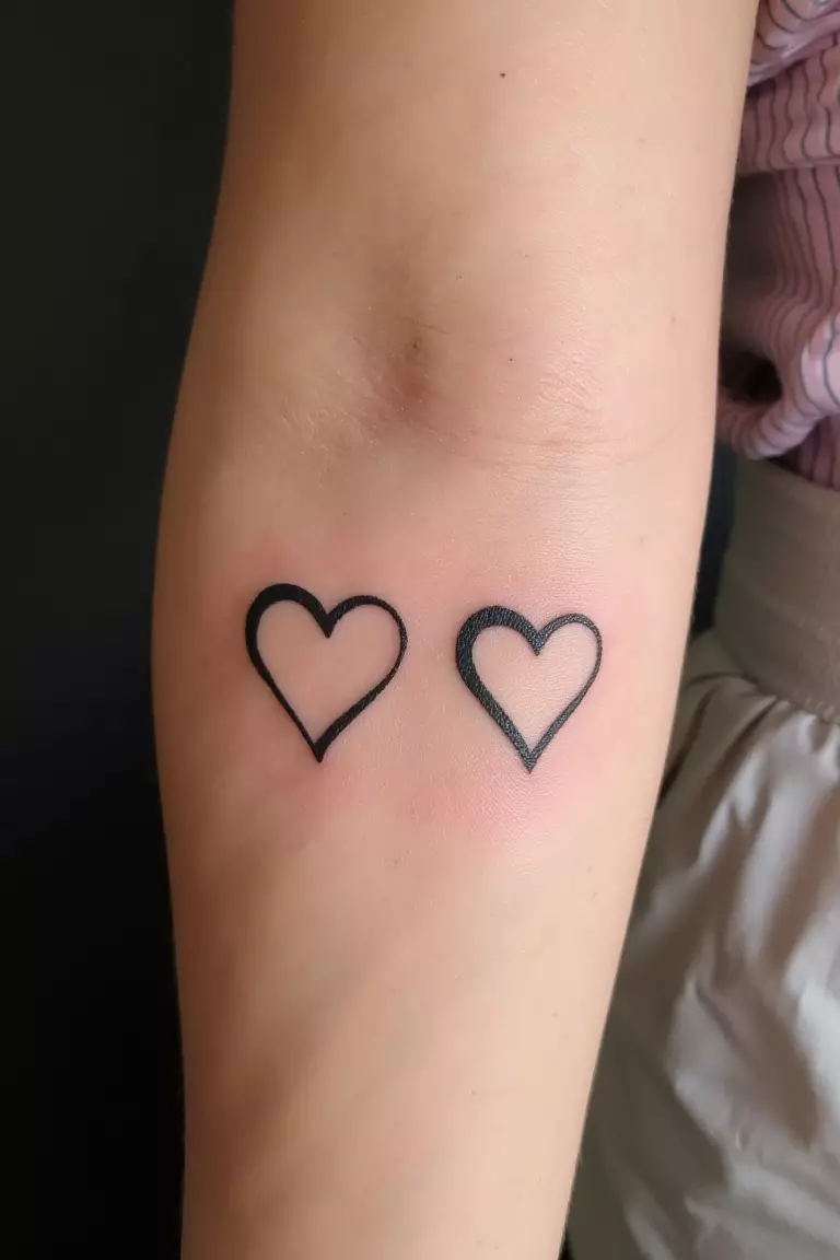 A close up shot of woman's arm with a black ink matching hearts tattoo, side by side