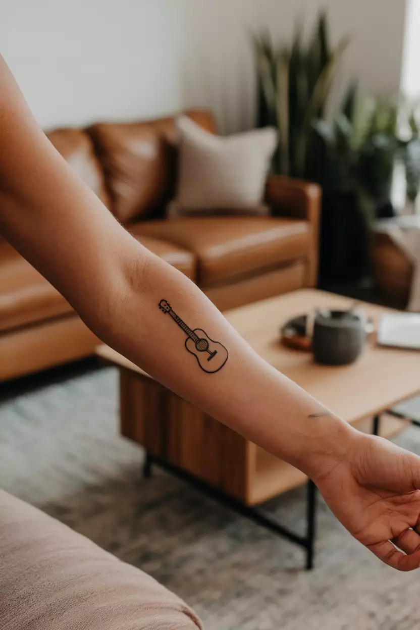 Tiny Guitar A close-up photo of a woman showing her tiny tattoo of an acoustic guitar outline, tattoo design, living room background