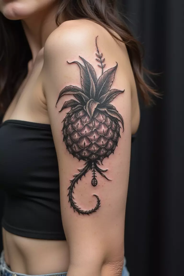 A close-up shot of a woman showing her black ink bold dragon fruit tattoo on her arm