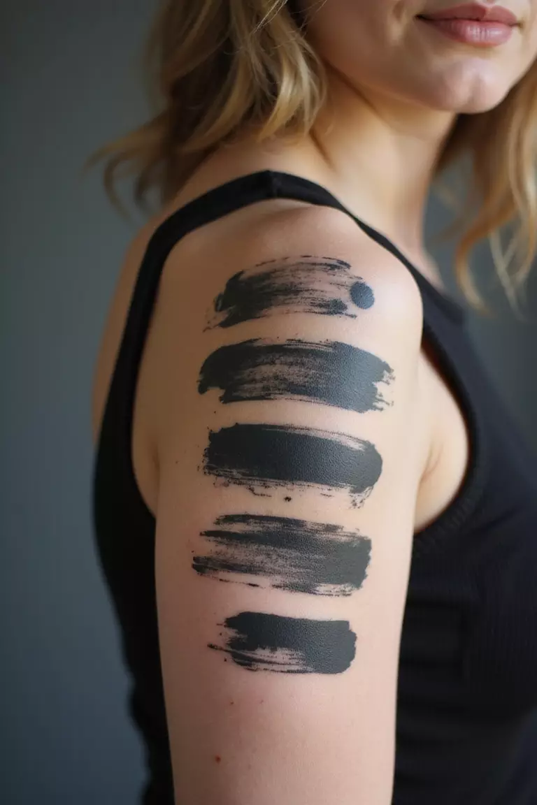 A close-up shot of a woman showing her black ink abstract brush strokes tattoo design that looks like painted marks on her arm