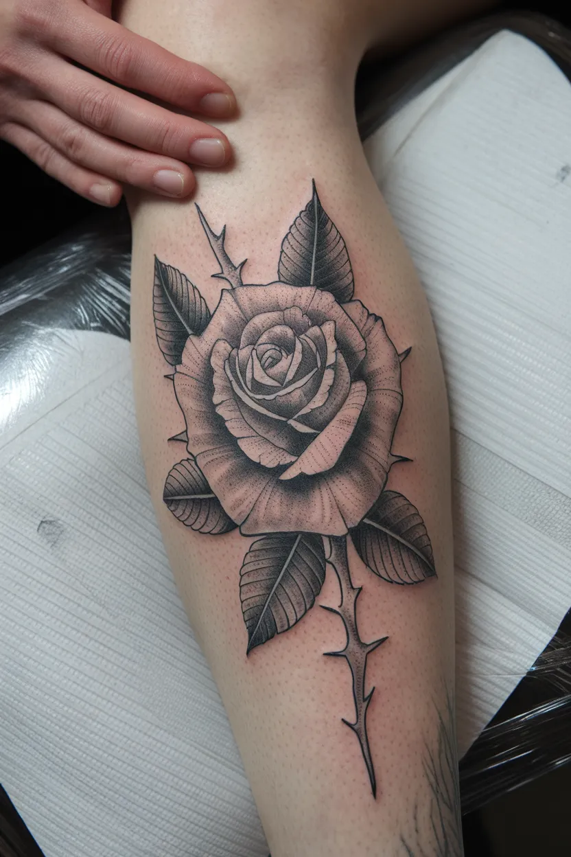 Blackwork Tattoo of Rose on Lower Leg and Back of Hands