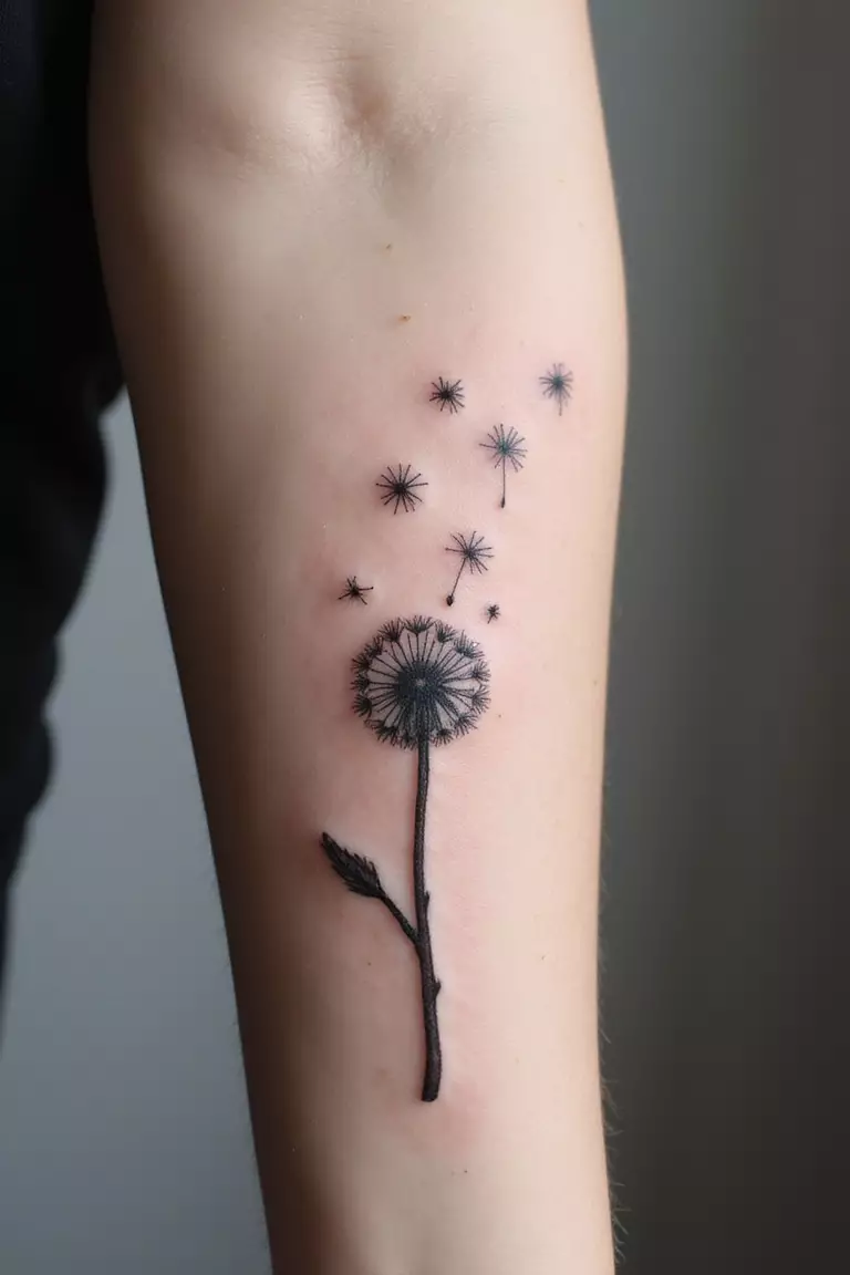 Dandelion Seeds A close-up shot of a woman's arm with a black ink tattoo of dandelion seeds blowing away from a stem.