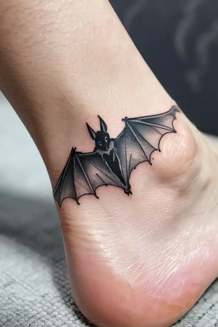 A close-up photo of a woman showing her classic black and gray dotwork bat tattoo, delicately inked on her ankle.  