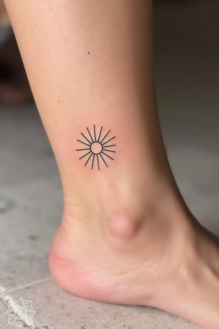 A close up shot of woman's arm with a black ink tattoo on the ankle area showing a minimal outline of sun rays, subtle and bright line design.