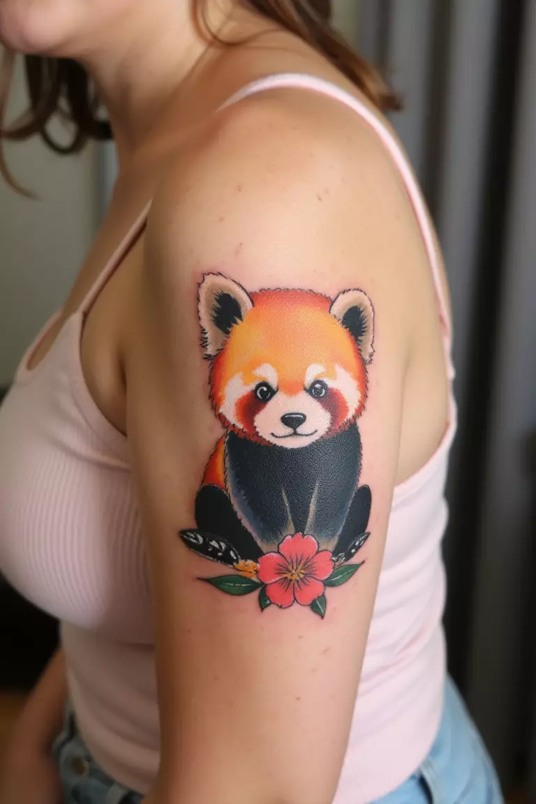 A close up shot of woman with a precious watercolor baby panda triceps tattoo.  