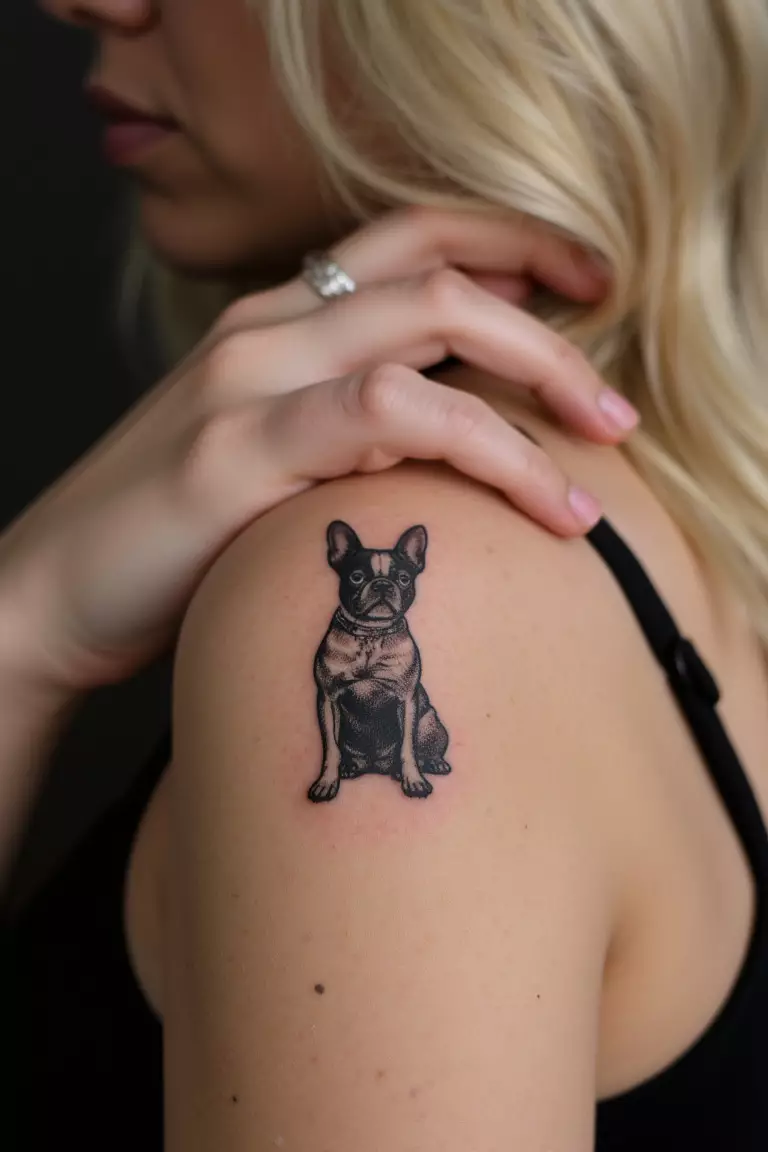 A close up shot of a woman showing her black ink small dog sitting tattoo on her arm  