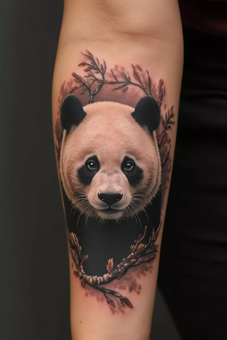 A close up shot of woman with a photo realistic panda forearm tattoo.  