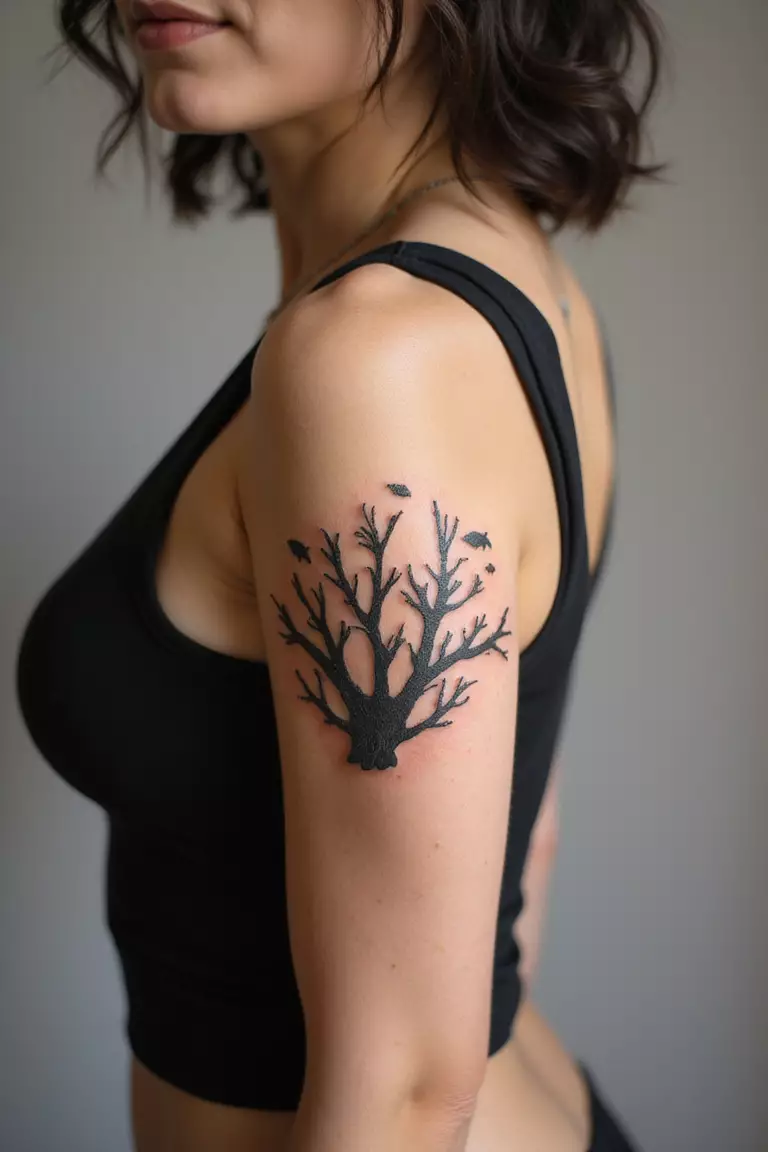 A close-up shot of a woman showing her black ink coral with tiny fish tattoo design on her arm
