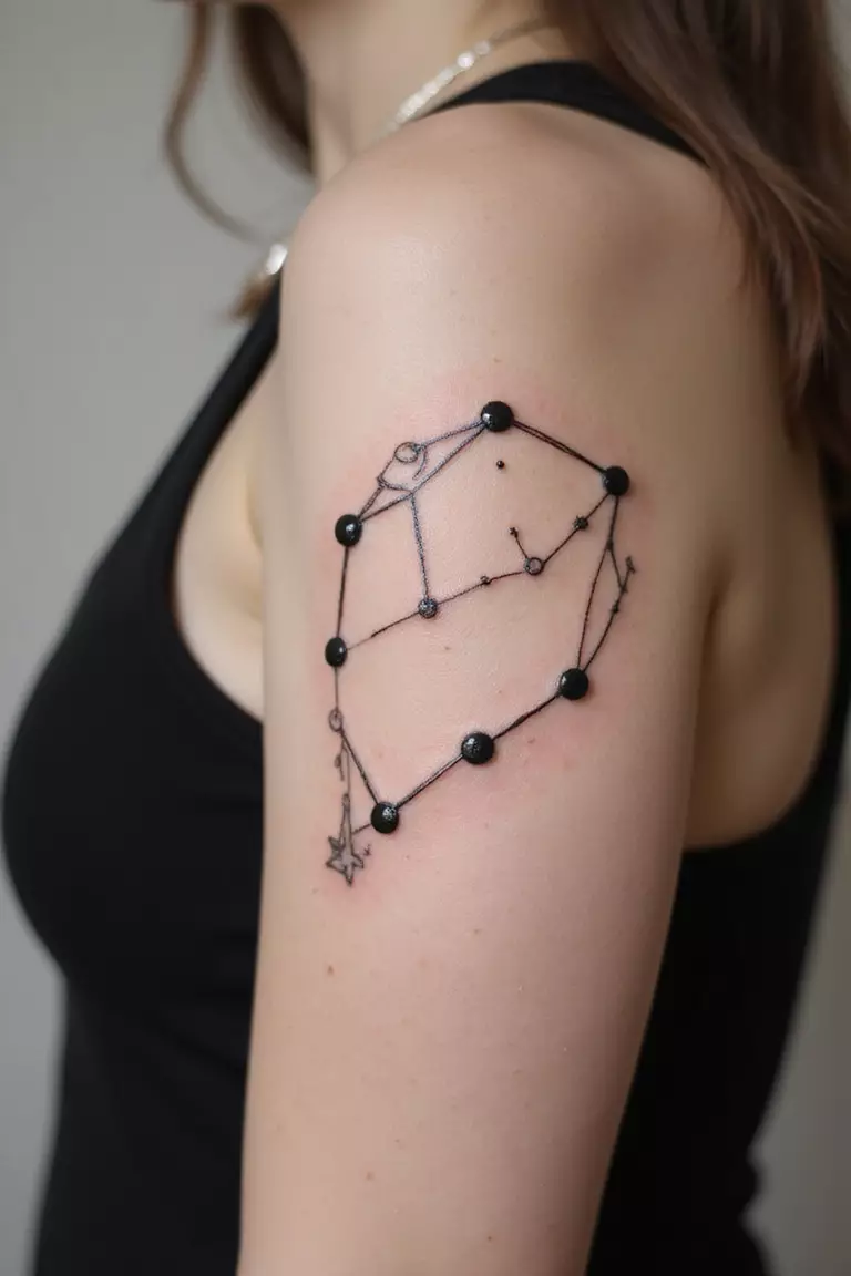 Constellation A close-up shot of a woman's arm with a black ink tattoo of a zodiac constellation made of dots and fine lines.