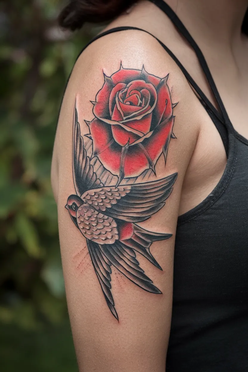 Red Rose and Swallow Tattoo