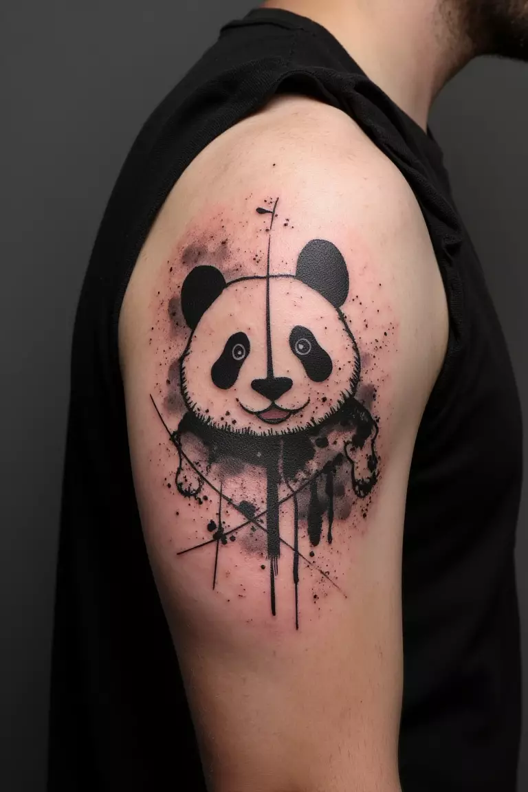 A close up shot of man with a graphic/sketch/dotwork panda tattoo on his arm.  