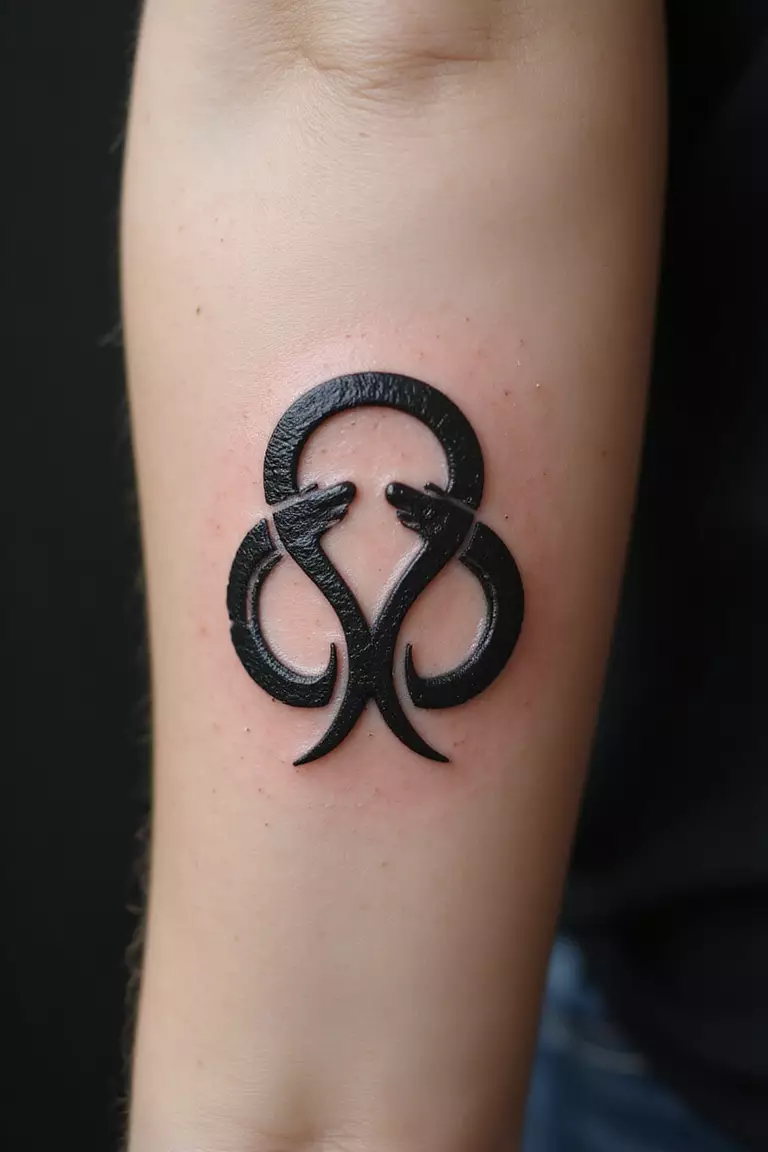 A close up shot of woman's arm with a black ink tattoo of an ouroboros.