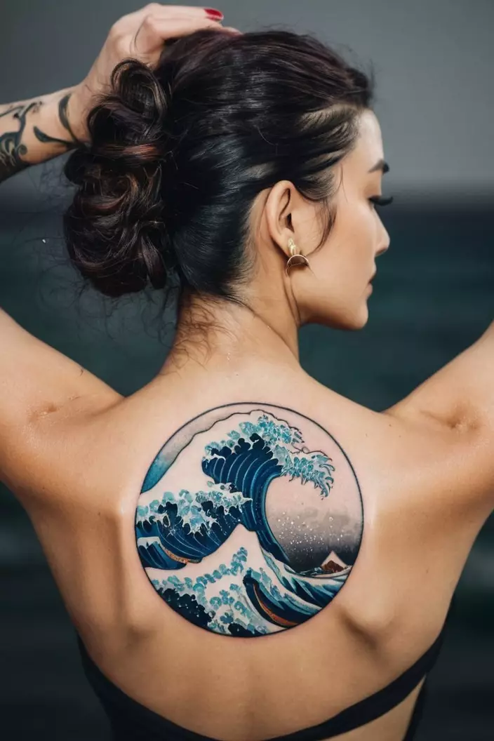 A photo of a woman with a circular shaped tattoo of a big wave on her upper back.  