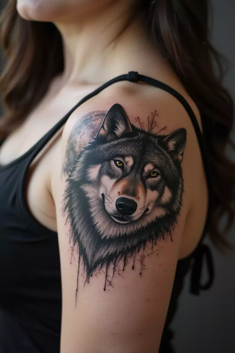 A close-up shot of a woman showing her black ink brave wolf tattoo on her arm