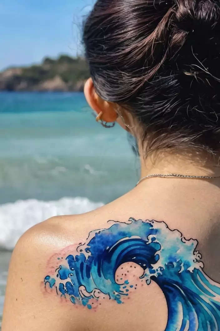 A photo of a woman with a blue watercolor wave tattoo on the back of her arm.  