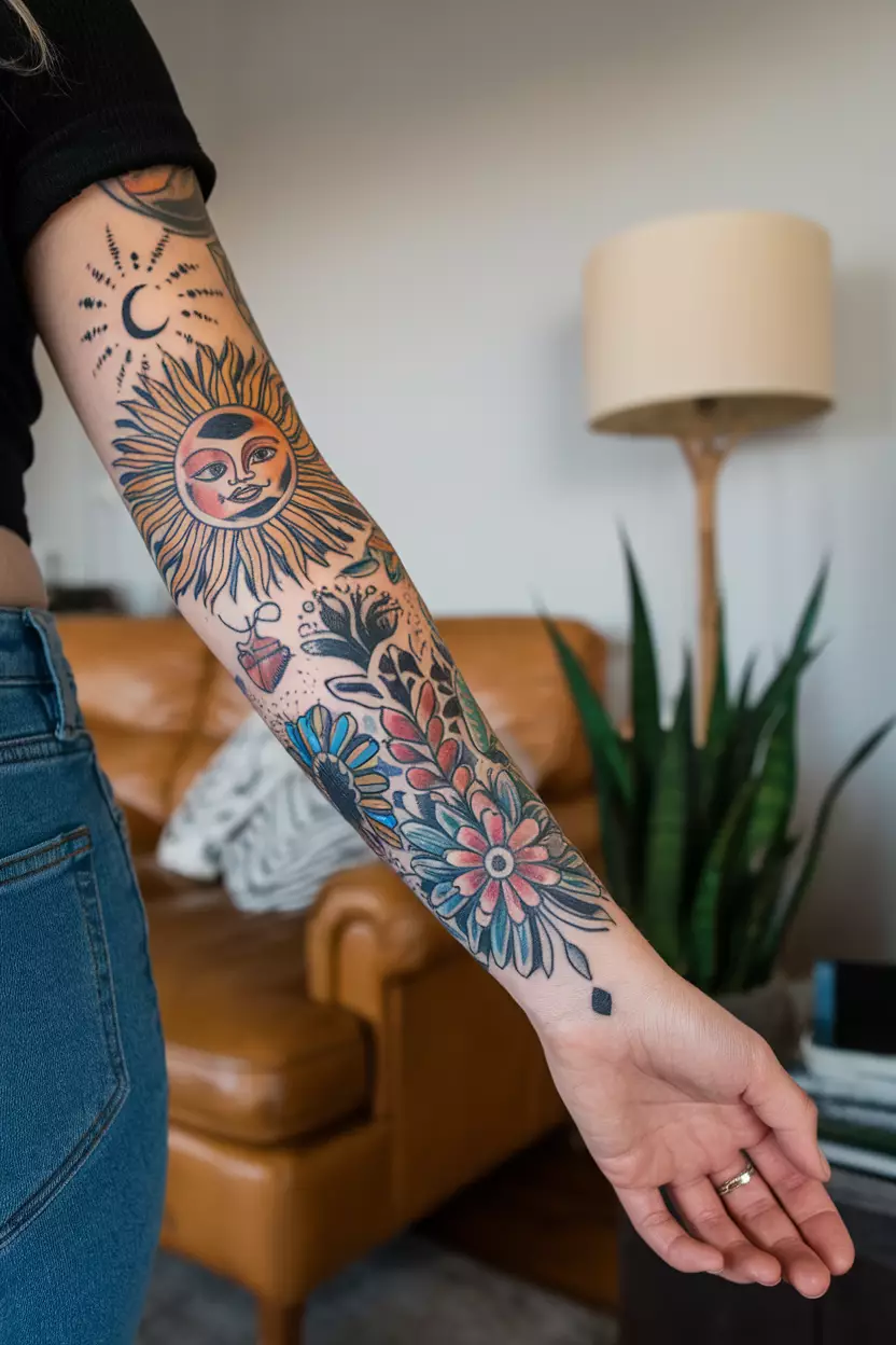 A close-up photo of a woman showing her forearm with a vibrant, colorful tattoo of the sun and moon surrounded by intricate floral patterns and black details, tattoo design, living room background