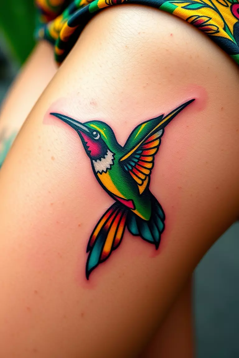 Jamaican Hummingbird Tattoo on Leg A photo of a woman with a Jamaican hummingbird tattoo on her leg, reflecting vibrant island colors