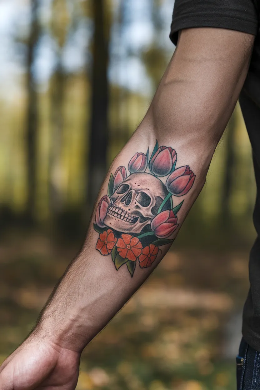 Tulip-Framed Skull Tattoo