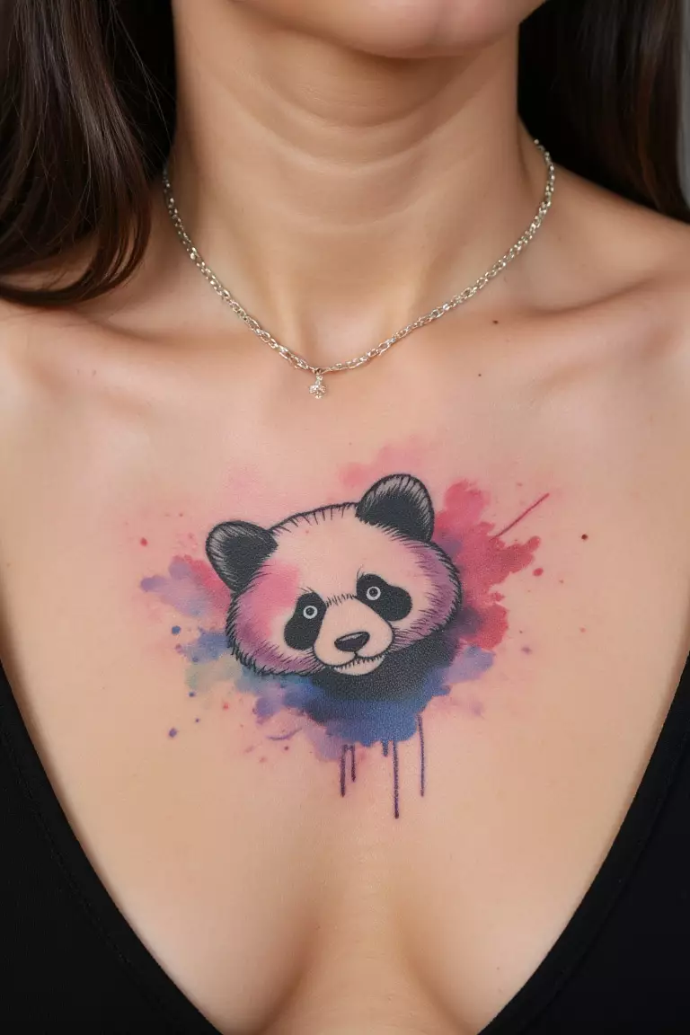 A close up shot of woman with an abstract watercolor/sketch panda tattoo on her chest.  