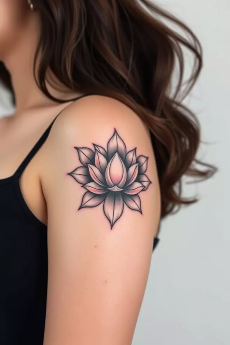 A close-up photo of a woman showing her 3D lotus flower arm tattoo design.  