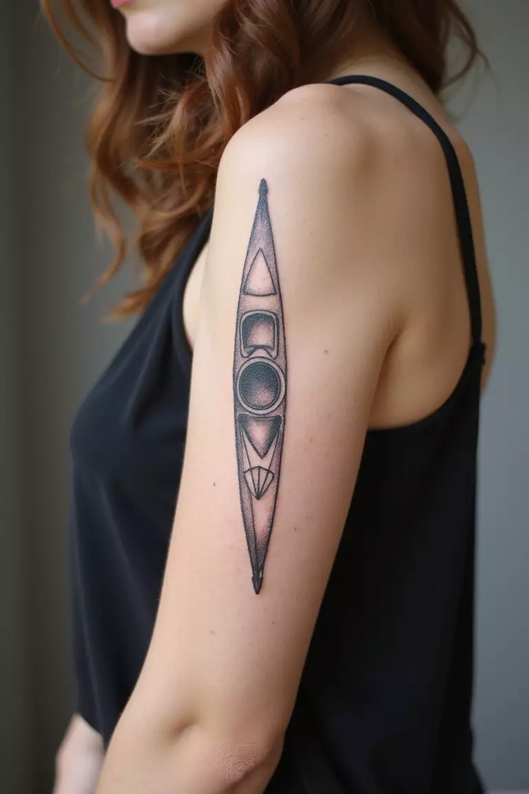 A close-up shot of a woman showing her black ink kayak or canoe tattoo design on her arm