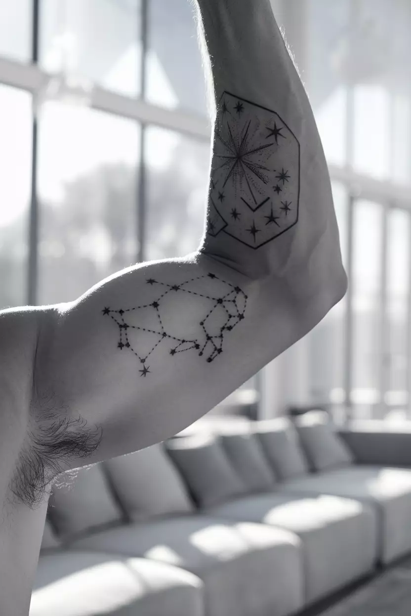A close-up photo of a man showing his constellation tattoo featuring stars arranged in the shape of the bull on his forearm, set against an airy living room filled with natural light streaming through large windows to create an ethereal atmosphere.