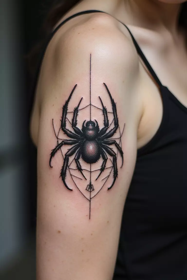 A close-up shot of a woman showing her black ink abstract tarantula tattoo design using shapes and lines creatively on her arm