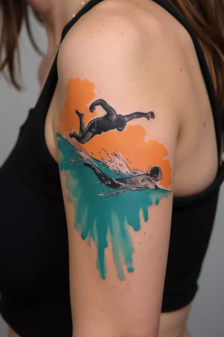 A close up shot of woman's arm with a black ink tattoo showing intricate detail of a swimmer diving against a splash of turquoise and orange watercolor effect.