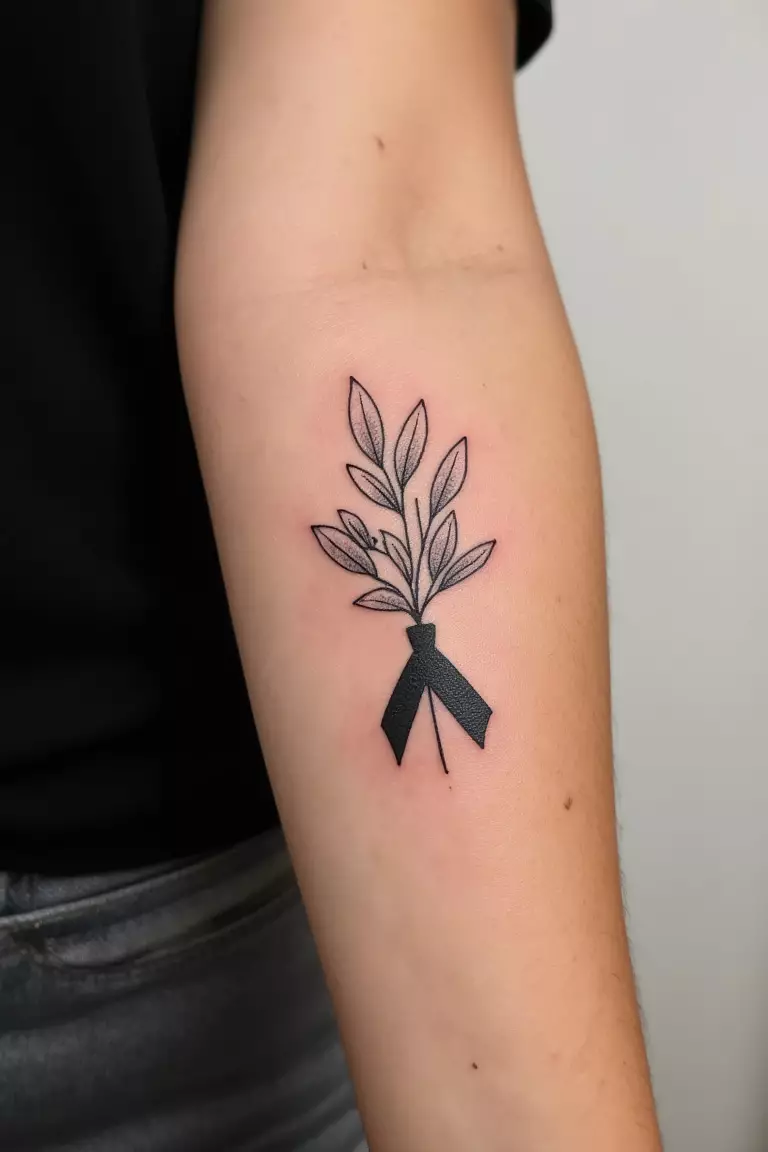 A close up shot of woman's arm with a black ink olive branch tied with a ribbon tattoo  