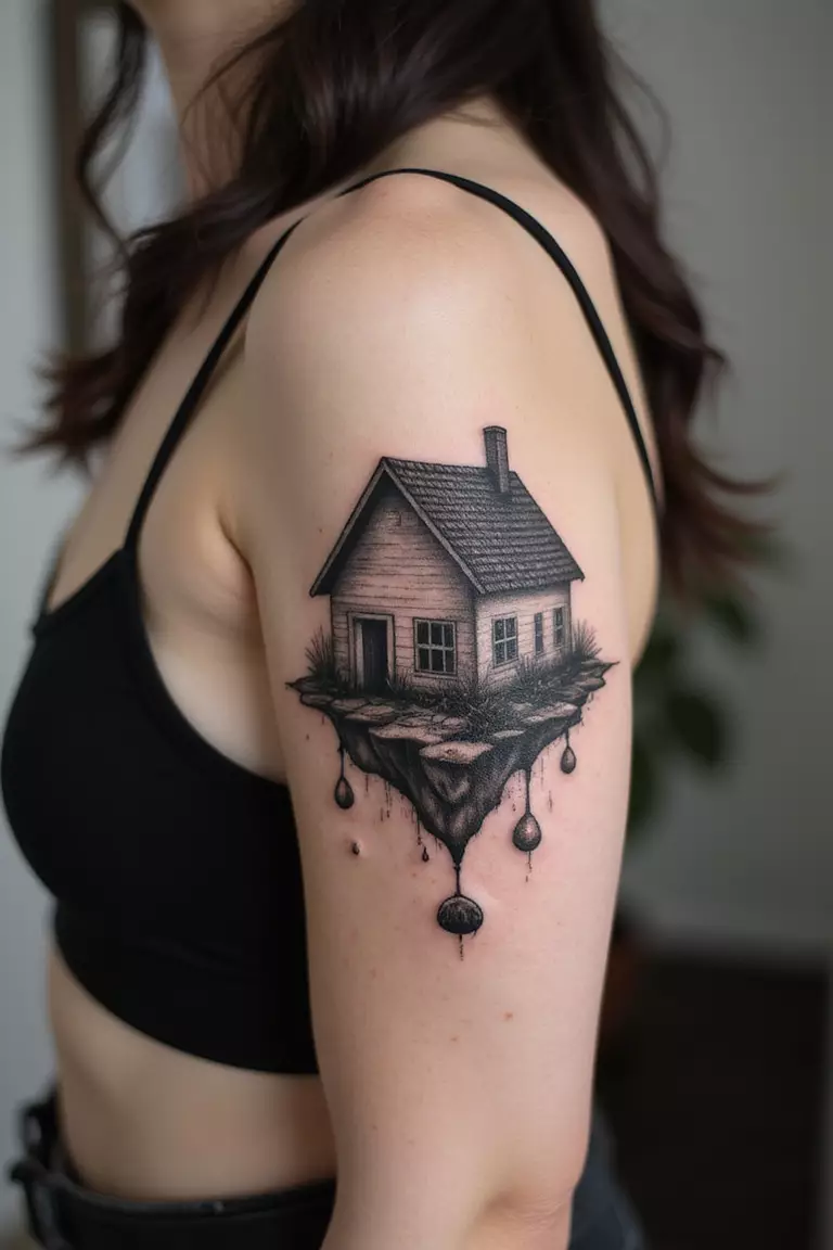 A close-up shot of a woman showing her black ink surreal floating house tattoo on her arm.