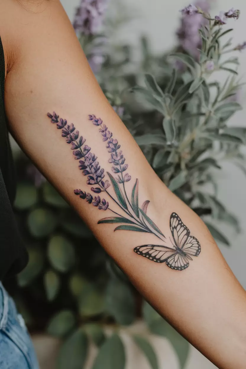 A close up shot of woman's arm with a lavender and butterfly tattoo  