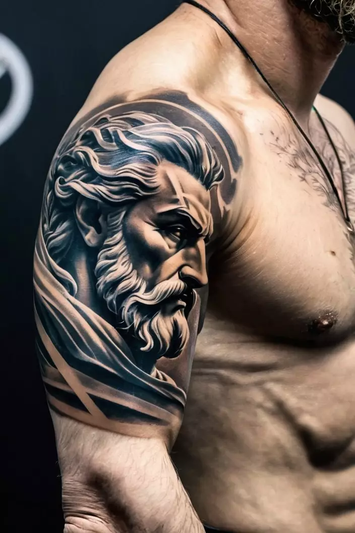 A close-up photo of a man showing his thunderous Zeus arm tattoo for men, presenting dynamic energy and powerful imagery of Zeus in motion.  