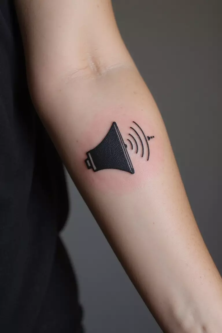 A close-up shot of a woman showing her black ink stylized speaker cone tattoo with sound lines on her arm.