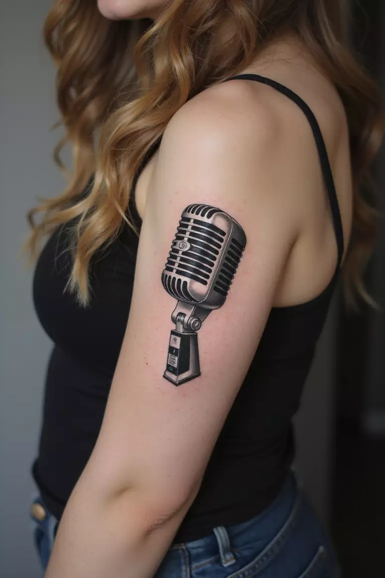 A close-up shot of a woman showing her black ink vintage microphone tattoo on her arm.