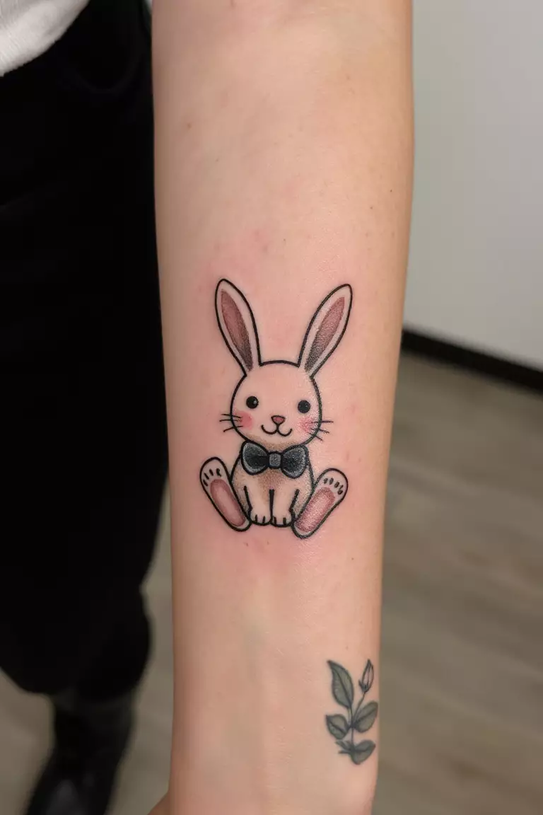 A close up shot of woman's arm with a black ink bunny with a bow tie tattoo  