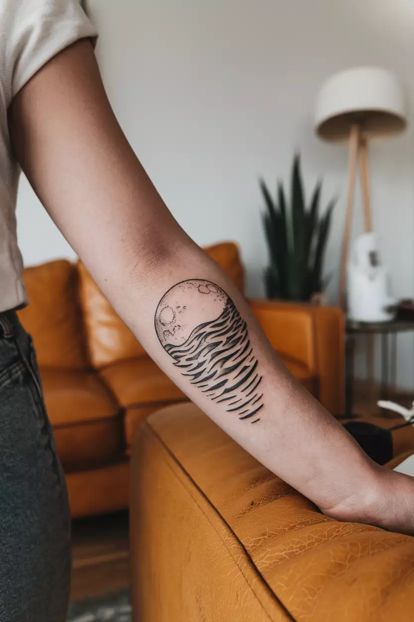 A close-up photo of a woman showing her tattoo of a moon reflecting on ocean waves, tattoo design, living room background